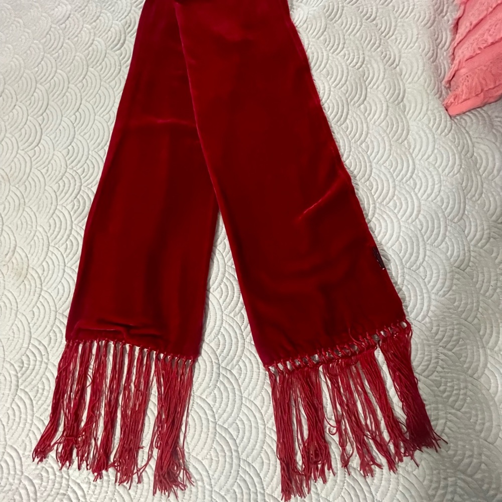 Red velvet scarf. 72” long with tassels
